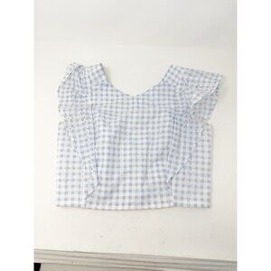 Koch Womens Embroidered Eyelet Blue Gingham Ruffle Blouse Sleeveless Small